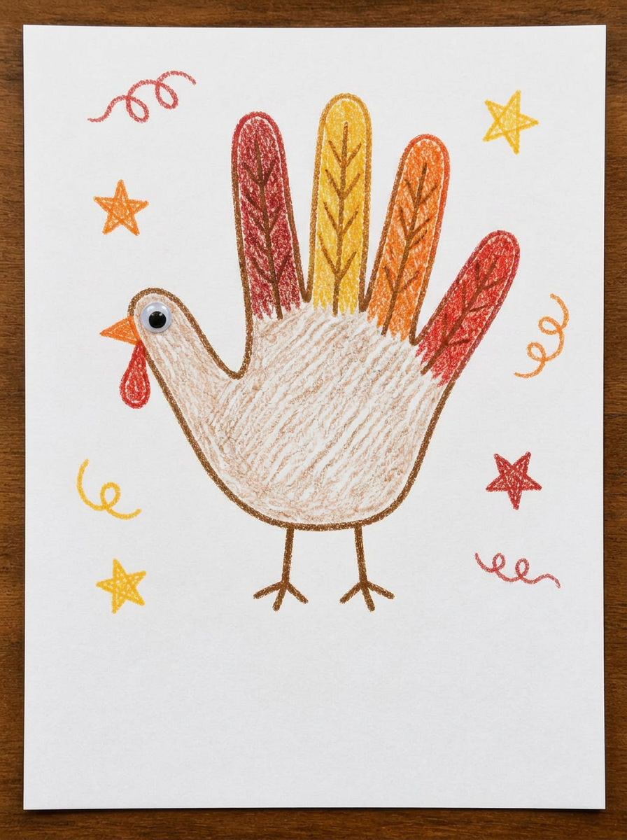 A finished hand-turkey example: a traced hand decorated with colorful feathers, a googly eye, beak, wattle, and festive stars.